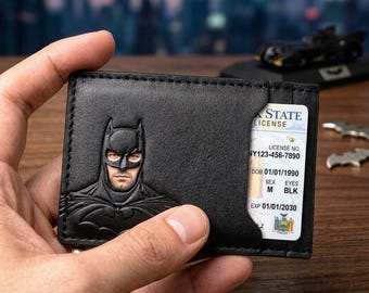 Tarjetero de piel negra con forma de máscara de Batman, cartera delgada para identificación de superhéroe
