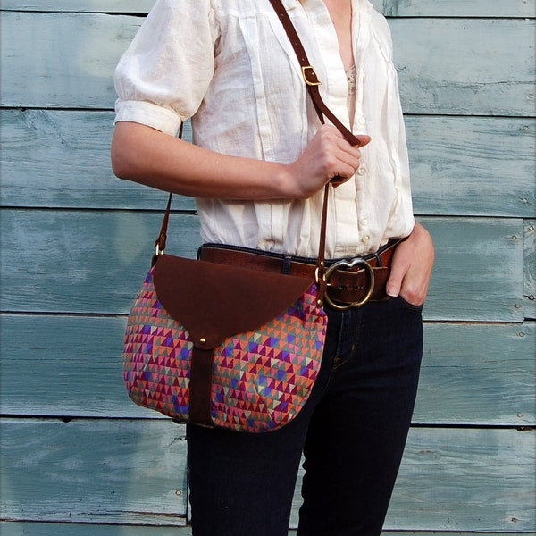 The Taplin Purse // Bright Geometric Print and Duck Cloth with Soft Chocolate Brown Leather Closure and Strap