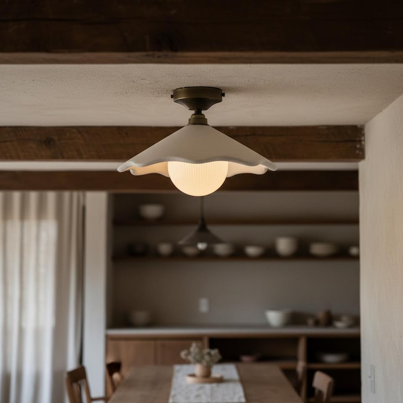 Handmade Flush Mount Ceiling Light | Hand-carved Scalloped Plaster Lamp image 4