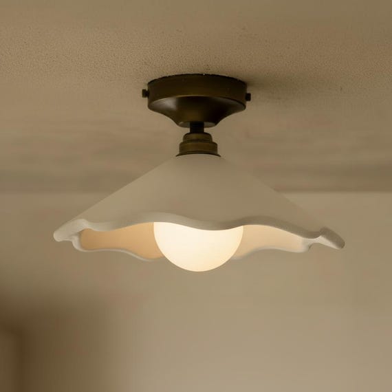 Handmade Flush Mount Ceiling Light | Hand-carved Scalloped Plaster Lamp
