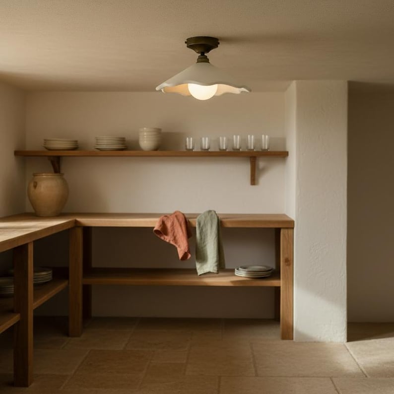 Handmade Flush Mount Ceiling Light | Hand-carved Scalloped Plaster Lamp image 5