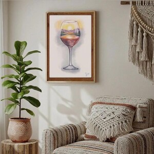 Sunset in Wine Glass Print: Romantic Kitchen & Bar Art (Digital Download)
