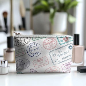 Passport Stamp Travel Accessory Bag Cosmetic Travel Bag Gift for Her Gift for Vacation and Adventure Lover Travel Bag Accessory Pouch