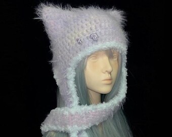Handmade Purple Cat Ear Scarf Hood | Kawaii Winter Hat