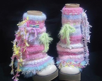 Cotton Candy Rainbow Y2K Bell Leg Warmers | Handmade Harajuku Stacked Macaron Boot Covers Festival Outfit
