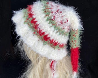 Red & White Crochet Christmas Beanie - Handmade Holiday Elf Hat