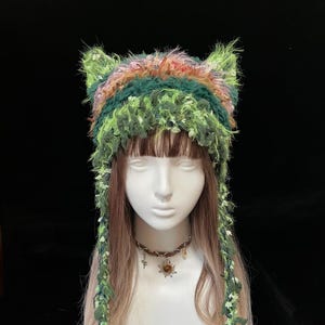 Forest Crochet Cat Ear Beanie – Furry Fairycore Tassel Hood Unique Gift