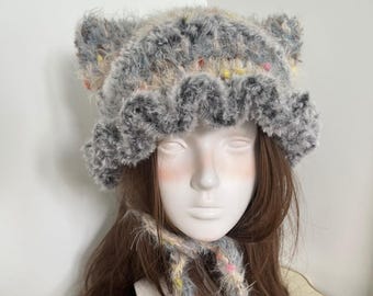Crochet Jellyfish Hat Furry Cat Ear – Handmade Gray Fluffy Hood, Kawaii Fairycore Winter Beanie