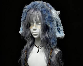 Blue Bunny Ear Hood, Kawaii Crochet Rabbit Bonnet, Coquette Fairycore Hood, Fantasy Festival Outfit Accessory