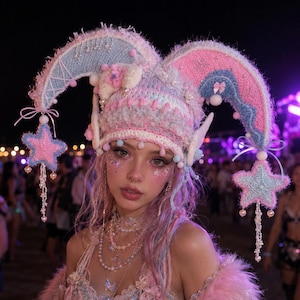 May include: A multi-textured jester-style hat in pastel pink and blue, featuring two curved horns topped with dangling star charms and pearl-like beads. The hat is crafted with a fuzzy, knit-like material and adorned with small pom-poms and bows.