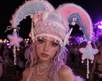 Pastel Jester Hat, Clowncore Festival Hat, Fantasy Rave Hood, Fairycore Crochet Headpiece with Stars & Pearls