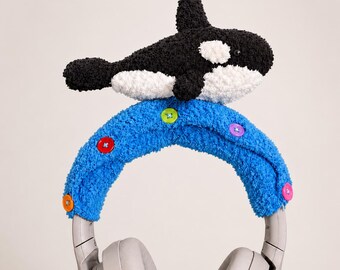 Orca Whale Headphone Cover, Crochet Killer Whale Headset Accessory, Kawaii Oceancore Headphone Decor, Cute Gaming Desk Setup Gift