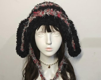 Handmade Crochet Bunny Ear Beanie – Fluffy Pom Pom Winter Hat