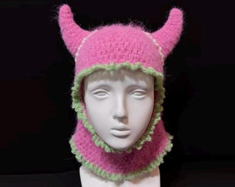 Devil Horn Hood for Festival Outfit, Kawaii Fantasy Crochet Balaclava, Pastel Rave Hat, Fairycore Demon Beanie