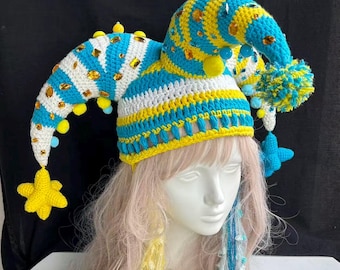Colorful Jester Hat | Handmade Crochet Clowncore Hat, Festival Rave Costume Hat, Kawaii Circus Pixie Beanie, Y2K Statement Accessory