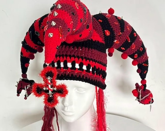 Gothic Jester Hat for Festival Outfit, Dark Harlequin Crochet Hood with Cross Heart & Teeth Charms, Alternative Rave Headpiece