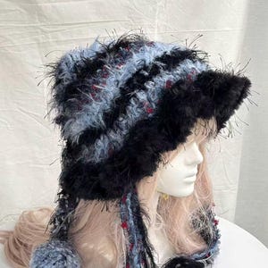 Blue & Black Jelly-Rim Elf Hat – Handmade Crochet Pointed Pixie Beanie