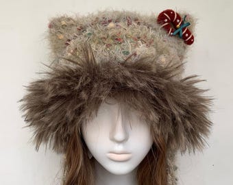 Fuzzy Cat Ear Beanie With pom-poms, Soft Furry Kawaii Winter Hat