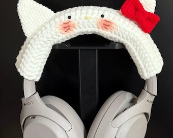 White Cat Headphone Cover, Kawaii Crochet Headset Accessory, Cute Cat Ear Gaming Headphones Decor, Coquette Desk Setup Gift
