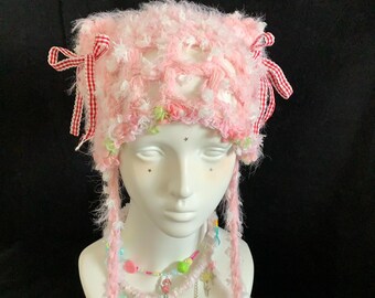 Pink Cat Ear Beanie, Fairycore Crochet Hat, Fluffy Openwork Kitty Hood, Coquette Festival Outfit Accessory, Kawaii Fashion