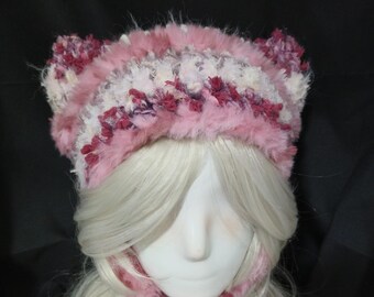 Fluffy Pink Cat Ear Beanie: Handmade Knitted Winter Hat - Etsy UK