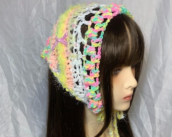 Crochet Triangle Head Scarf | Handmade Summer Bandana, Detachable Bow Kerchief, Coquette Cottagecore Hair Scarf, Festival Head Wrap