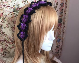 Schwarz Lila häkeln Blumen Stirnband | Gothic Fairycore Haarschmuck