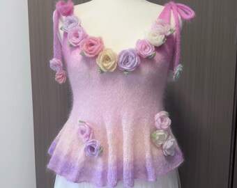 Handmade Fairycore Flower Knit Top, Mohair Blend Camisole, Cottagecore Floral Tank Top, Romantic Y2K Festival Fashion
