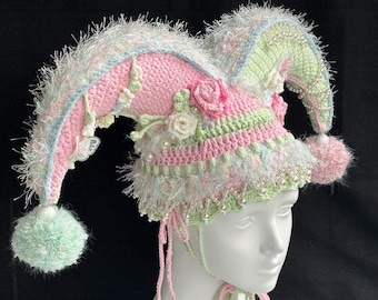 Pastel Circus Jester Hat, Clowncore Festival Hood, Fantasy Crochet Harlequin Headpiece, Kawaii Rave Outfit Accessory
