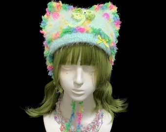 Green Cat Ear Beanie, Lucky Clover Fairycore Hat, Forest Fantasy Crochet Hood, Festival Outfit Accessory