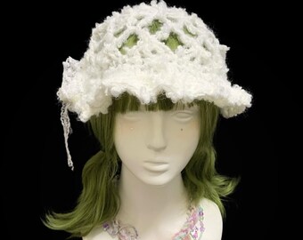 Cloud Lace Crochet Bucket Hat, Fairycore Summer Hat, White Openwork Sun Hat, Festival Outfit Accessory, Cottagecore Coquette Cap