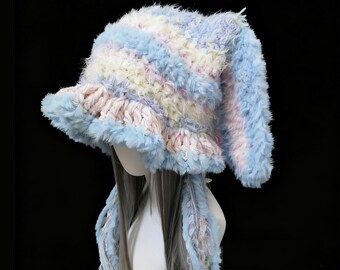 Gorro de medusa con orejas de conejo y gato desmontables / Gorro de ganchillo acogedor hecho a mano