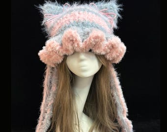 Handgjord manethatt med kattöron — Grårosa mjuk kawaii mysig mössa