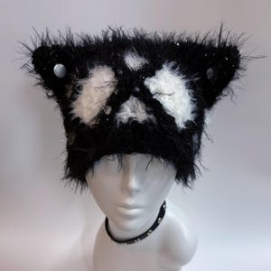 Handcrafted Tuxedo Cat Ear Beanie, Y2K Cow Print Bonnet