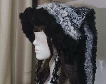 Personalised Winter Hat, Handmade Jellyfish Bunny Ear Hat, Fluffy Crochet Earflap Hood, Sweet & Cool Winter Beanie, Kawaii Gift for daughter