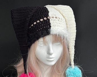 Handmade Crochet Jester Hat | Clowncore Harlequin Bonnet