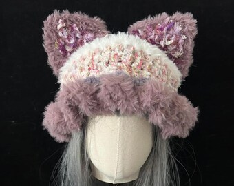 Handmade Fluffy Cat Ear Hood – Faux Fur Crochet Winter Beanie