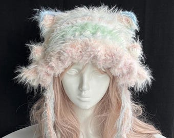 Handmade Crochet Cat Ear Beanie: Fluffy Bow Tie Kitty Hat, Kawaii Fairycore Winter Accessory