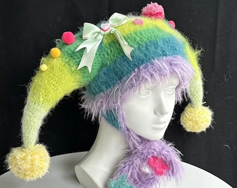 Dopamine Mohair Jester Hat | Handmade Playful Pixie Hat Cute Festival Gift