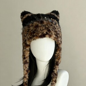 Crochet Leopard Print Cat Ear Earflap Hat — Fluffy Kawaii Winter Animal Beanie with Long Warm Flaps