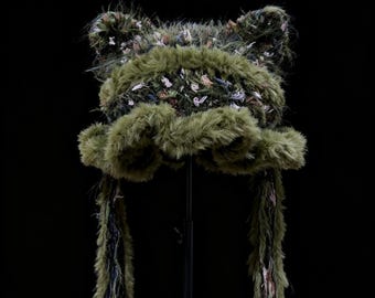 Gorro con orejas de gato del bosque para atuendo Fairycore, gorro de ganchillo de fantasía, sombrero para festivales del bosque