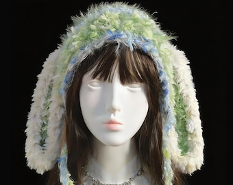 Y2k Rabbit Crochet Beanie, Fluffy Rabbit Hat for Fairycore Lolita Style, Winter Headwear