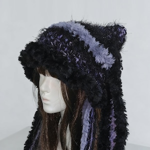Gorro de orejas de gato con orejas de conejito y medusa de ganchillo hecho a mano, gorro peludo de orejas largas Kawaii, gorro Kawaii