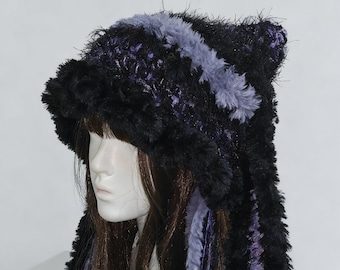 Gorro de orejas de gato con orejas de conejito y medusa de ganchillo hecho a mano, gorro peludo de orejas largas Kawaii, gorro Kawaii