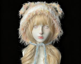 Gorro con orejas de cachorro, gorro de animal esponjoso, gorro de ganchillo estilo Fairycore, gorro con orejas de perro Kawaii, accesorio acogedor para festivales de fantasía.