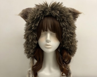 Gorro Maillard de piel sintética con orejas de zorro: gorro de invierno esponjoso y estilo Kawaii, en acogedores tonos otoñales.