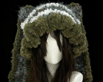 Gorro de orejas de gato de ganchillo hecho a mano / Gorro esponjoso de medusa verde