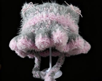 Handmade Jellyfish Cat Ear Beanie – Gray Pink Fluffy Crochet Cap