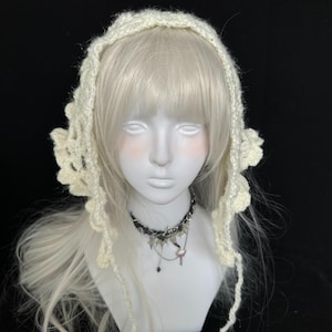 Handmade Crochet Cream Headscarf - Boho Knitted Triangle Scarf