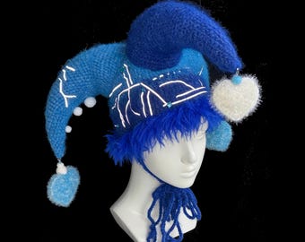 Handmade Crochet Jester Hat, Blue Gradient Clowncore, Cyber Y2K Sculpted Festival Rave Statement Hat